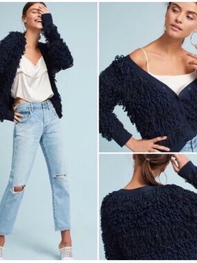 Maeve Larissa Anthropologie Navy Loop-Knit Fringe Cardigan Sweater - Women